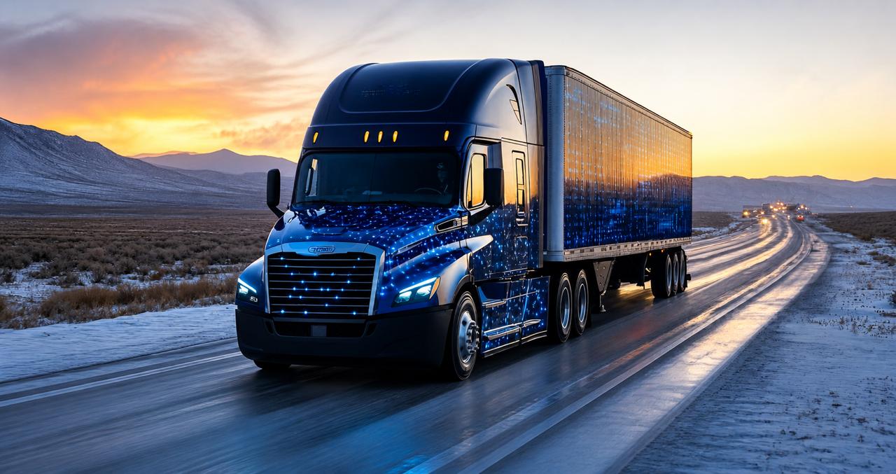 Direct2Express delivery truck on highway at dawn